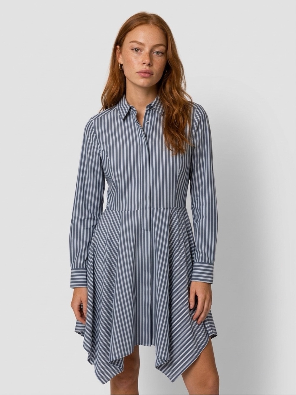 BCBGMaxAzria Blue and White Asymmetrical Handkerchief Hem Shirt Dress